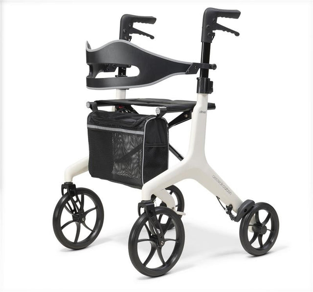 White rollator with black seat and bag on a white background