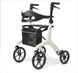 White rollator with black seat and bag on a white background