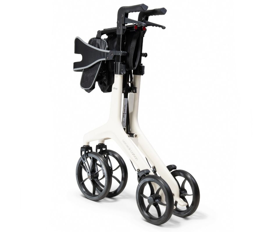 White rollator with black wheels on a white background