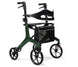 Green rollator with a seat and basket on a white background