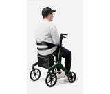 Person using a green rollator with a seat on a white background