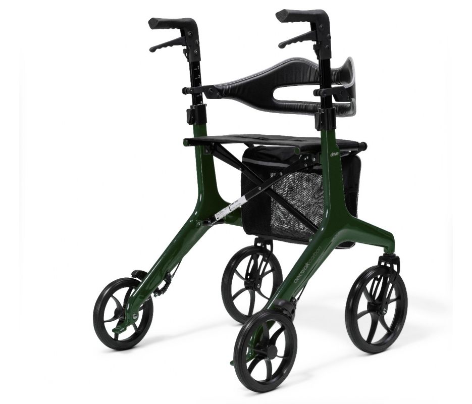 Green rollator with black seat and basket on a white background