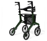 Green rollator with black seat and basket on a white background