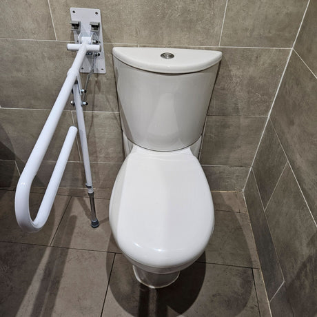 Folding drop down toilet bathroom safety rail with leg