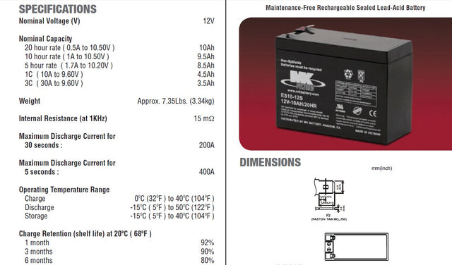 2 X MK Power 12V 10ah AGM Mobility Scooter Batteries ES10-12S