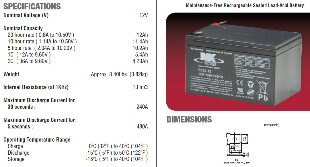 2 X MK Power 12V AGM Mobility Scooter Batteries ES12 12