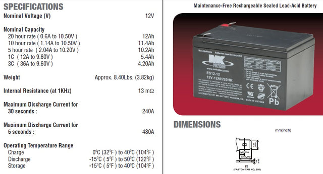 2 X MK Power 12V 12ah AGM Mobility Scooter Batteries ES12-12
