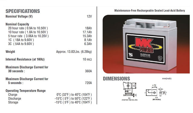 2 X MK Power 12V 18ah AGM Mobility Scooter Batteries ES17-12