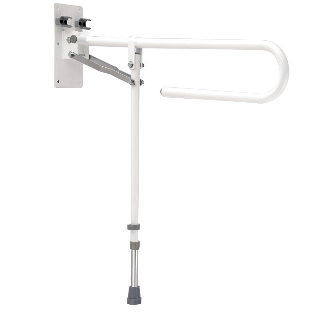 Folding drop down toilet bathroom safety rail with leg
