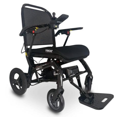 Black electric wheelchair with 'Pride' branding on a white background