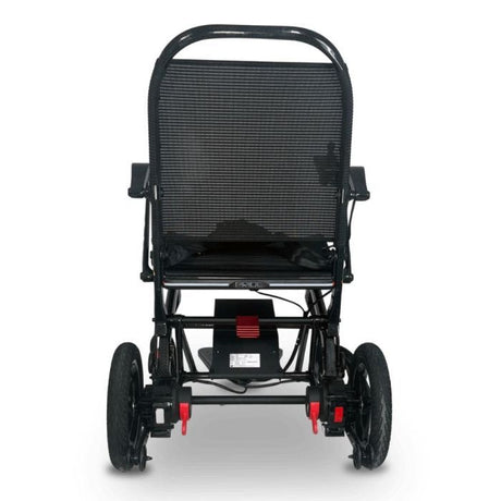 Black powerchair with mesh back on a white background