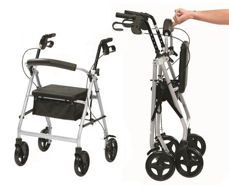 Lightweight folding aluminium rollator in Silver with 15cm wheels