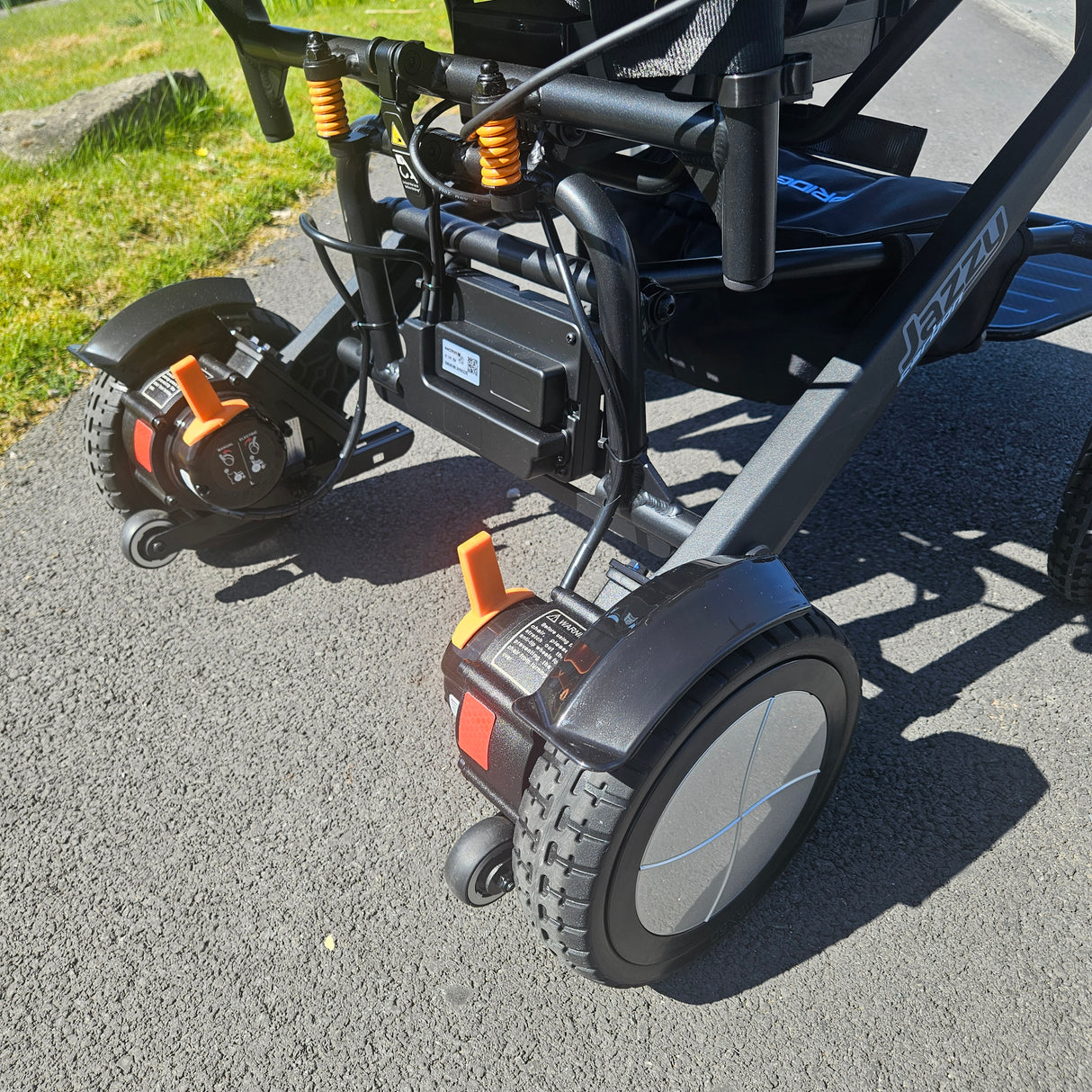 Close-up of a powerchair's rear wheels