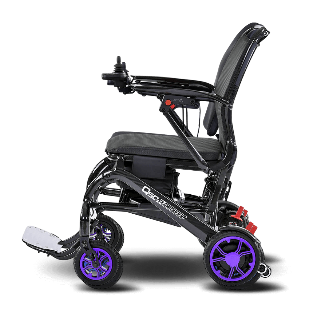 Black and purple wheelchair with visible branding on a transparent background