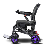 Black and purple wheelchair with visible branding on a transparent background