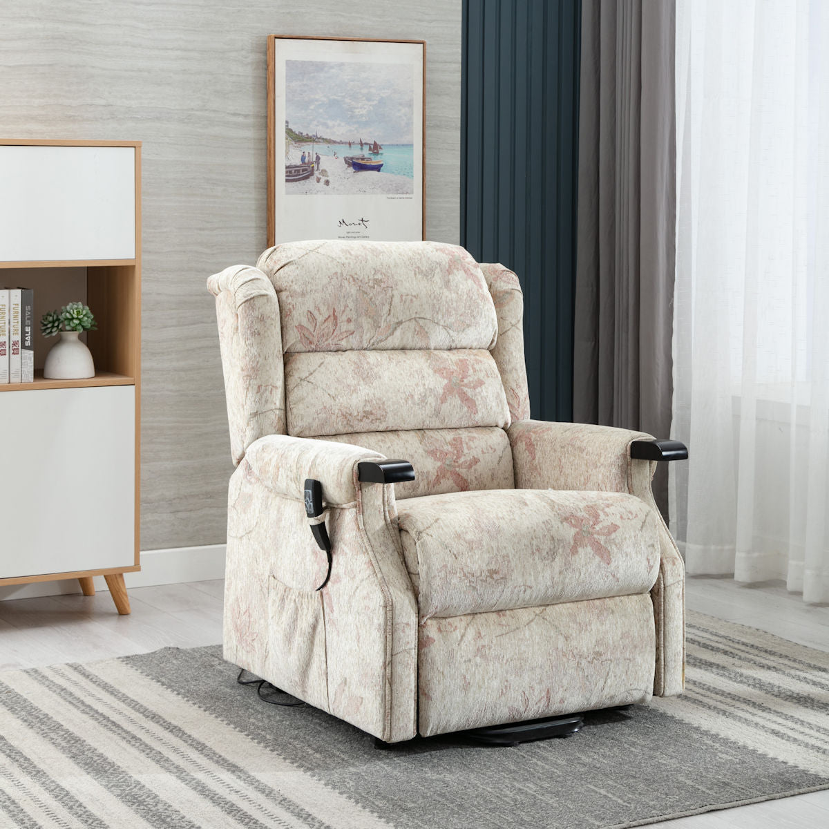 Queensbury bouquet beige dual riser recliner chair with wooden knuckles