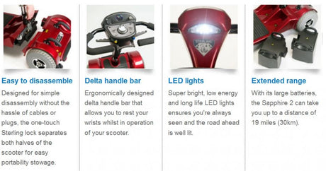 Product features of a scooter with text descriptions on a white background