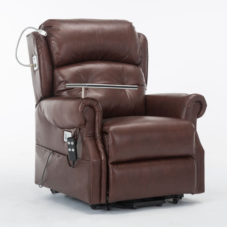 Stanbury Leather dual motor riser recliner chair with table, USB and lamp