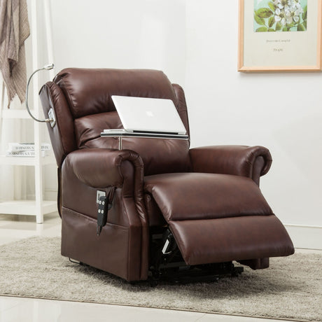 Stanbury Leather dual motor riser recliner chair with table, USB and lamp - Reclined