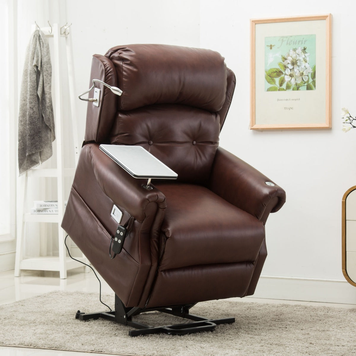 Stanbury Leather dual motor riser recliner chair with table, USB and lamp - RIsen