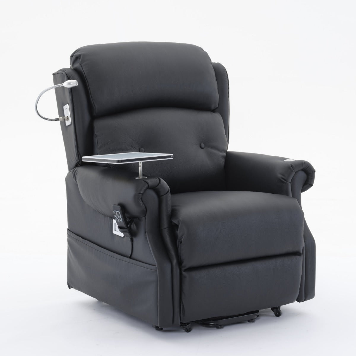 Stanbury Leather Dual Motor Riser Recliner Chair with Table, USB and Lamp-Black