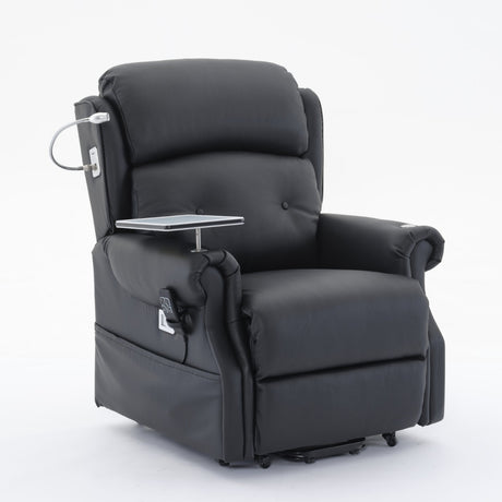 Stanbury Leather dual motor riser recliner chair with table,  USB and lamp