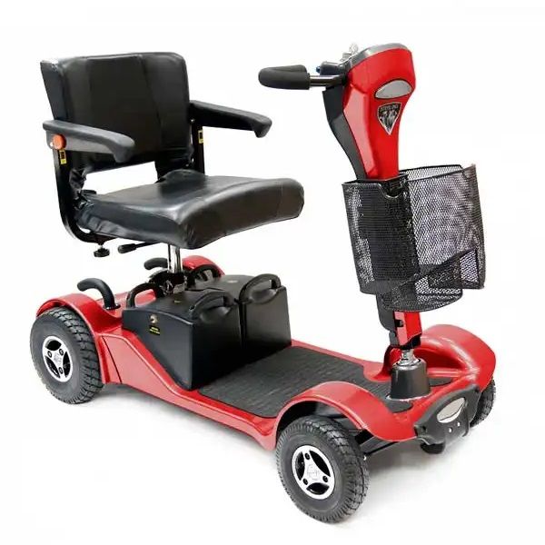 Red mobility scooter with black seat and basket on a white background