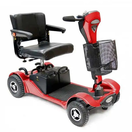 Red mobility scooter with black seat and basket on a white background