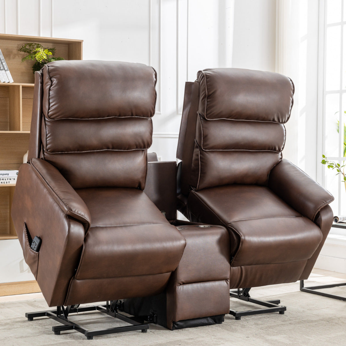 Thornton 2 Seater Dual Motor Riser Recliner Sofa with Centre Console - Brown PU