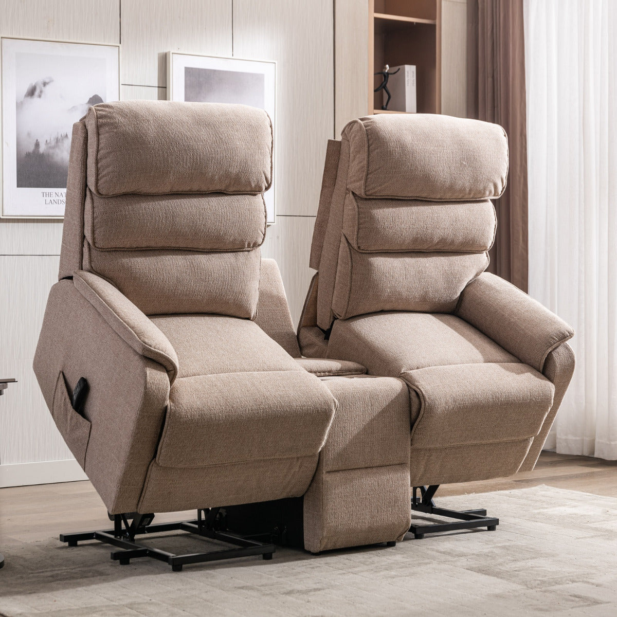Thornton 2 Seater Dual Motor Riser Recliner Sofa with Centre Console-Wheat - Ex Demo