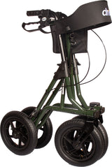 Green rollator with black wheels on a white background