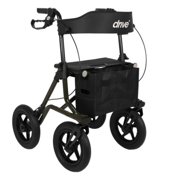 Black rollator with a bag on a white background