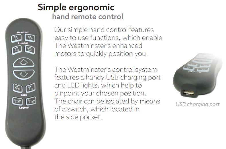 Westminster Rise Recliner Chair powered headrest and lumbar - Remote Diagram