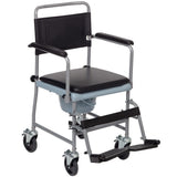 Wheeled commode chair with brakes and padded seat