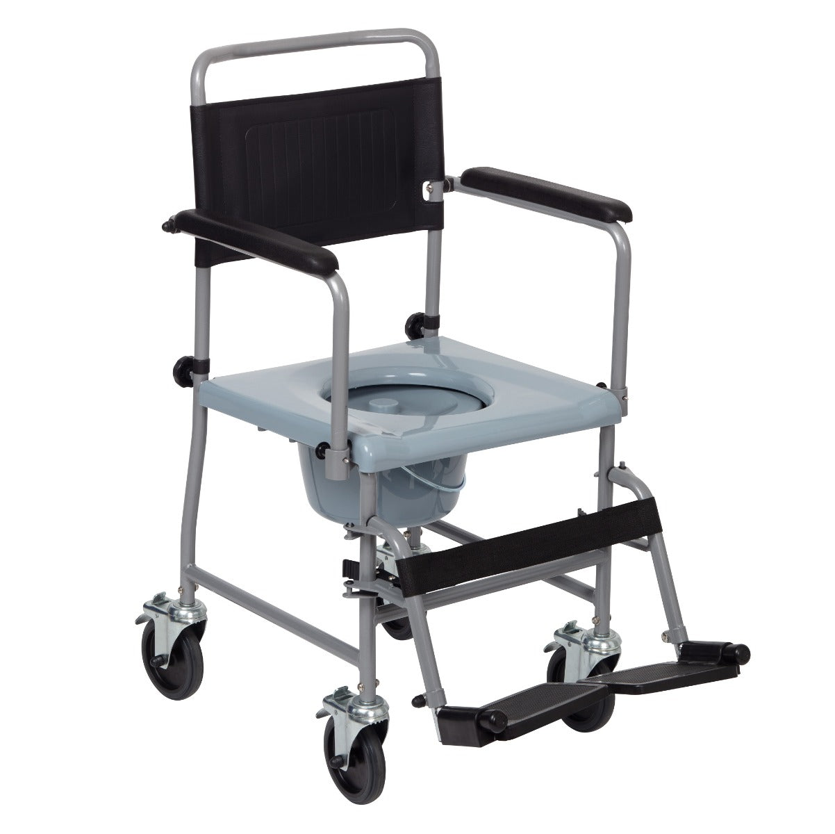Wheeled commode chair with brakes and padded seat