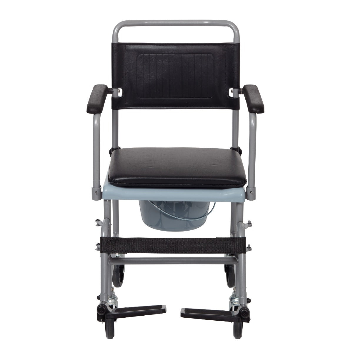 Wheeled commode chair with brakes and padded seat