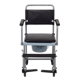 Wheeled commode chair with brakes and padded seat