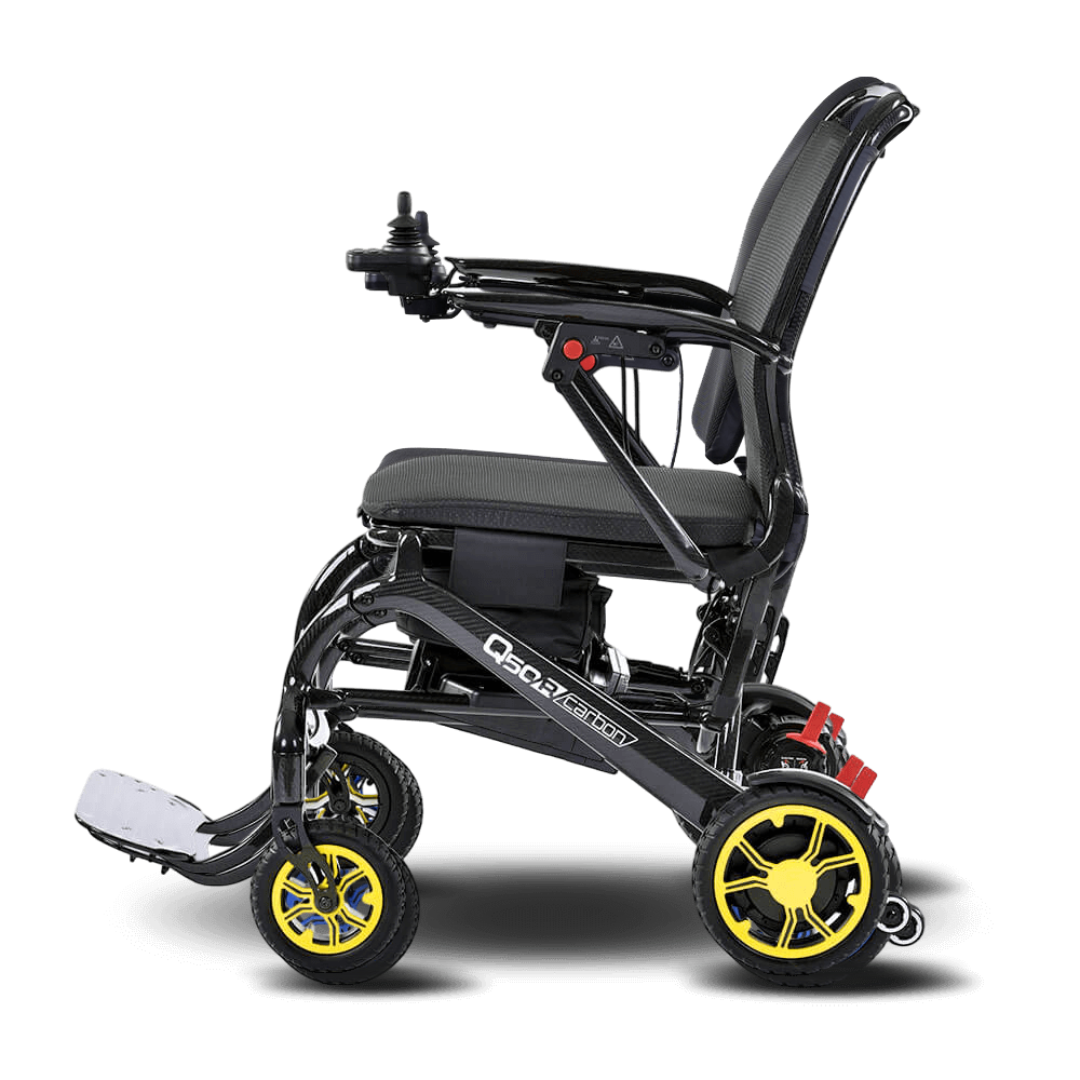 Black folding wheelchair with yellow wheels on a transparent background
