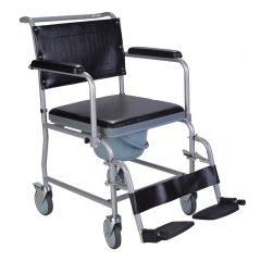 Wheeled commode chair with brakes and padded seat