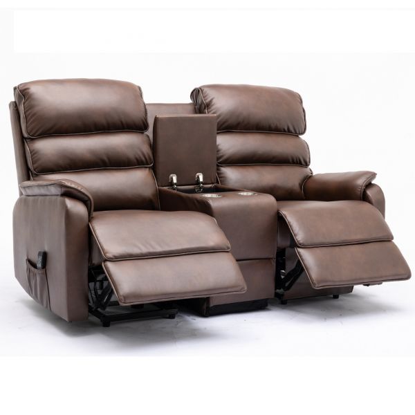  Thornton 2 Seater Dual Motor Riser Recliner Sofa with Centre Console- Brown PU 