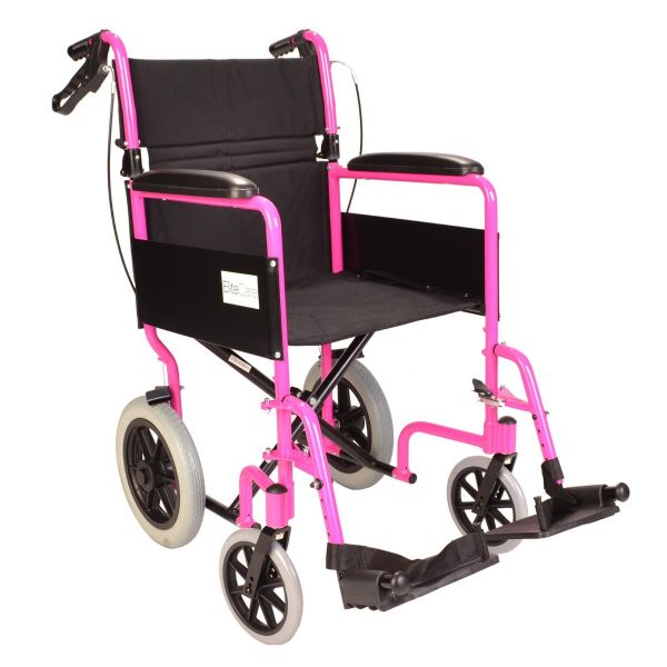Lightweight folding pink wheelchair with handbrakes