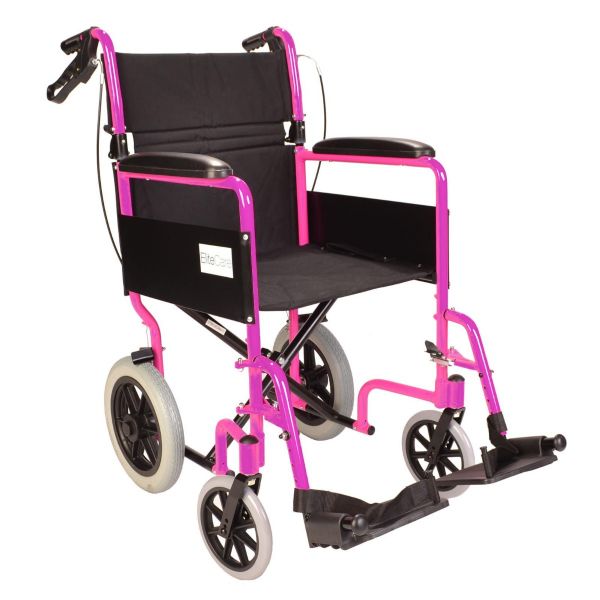 Lightweight folding pink wheelchair with handbrakes